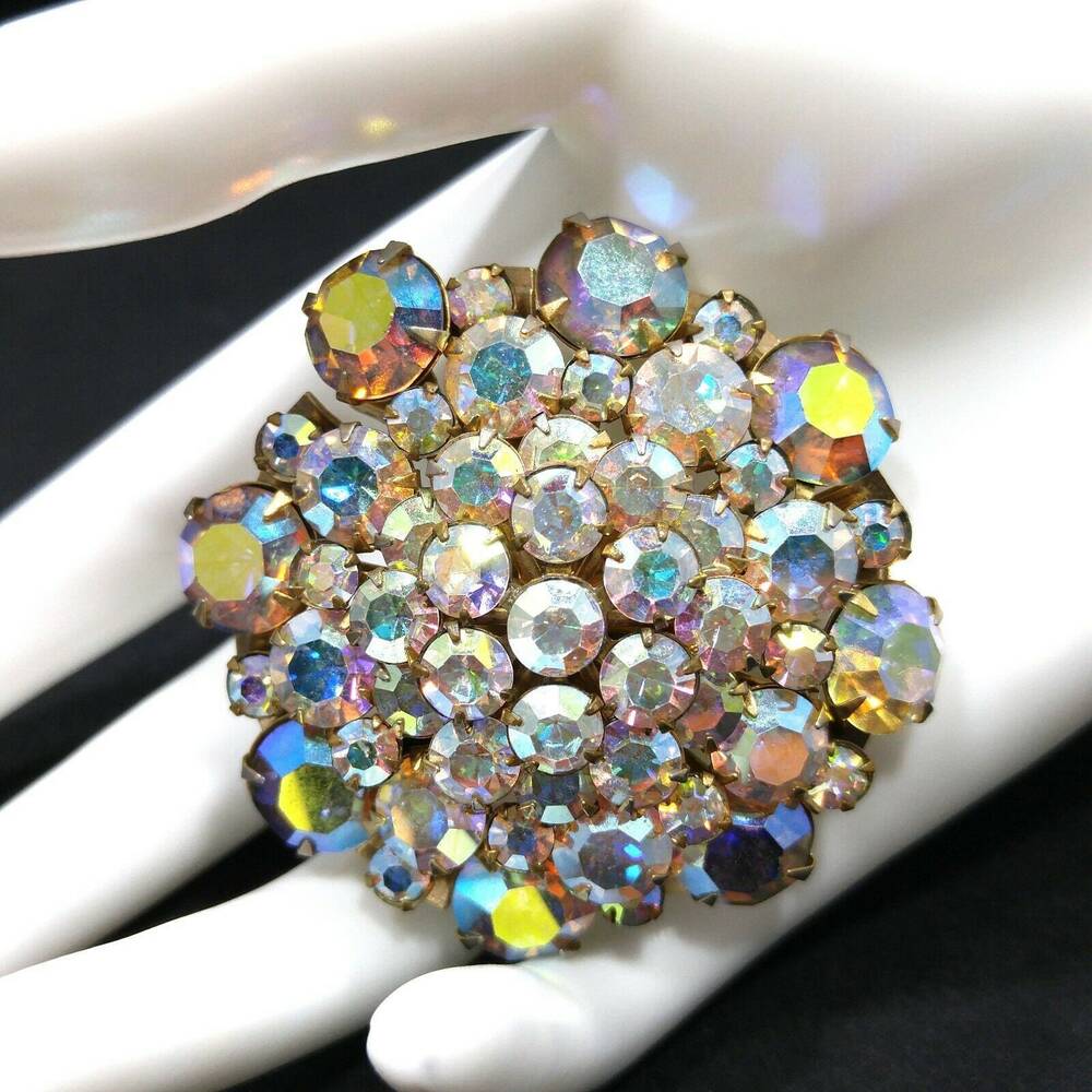 Vintage Aurora Borealis Rhinestone Floral Brooch 1950s Gold Tone Mid-Century